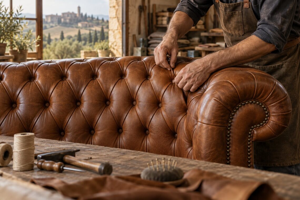 Artigiano al lavoro sul capitonné di un divano Chesterfield in pelle cognac