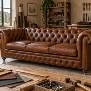 Divano Chesterfield su misura in pelle cognac in un laboratorio artigianale toscano