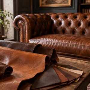 Campioni di pelle pieno fiore davanti a un divano Chesterfield in pelle marrone