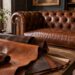 Campioni di pelle pieno fiore davanti a un divano Chesterfield in pelle marrone