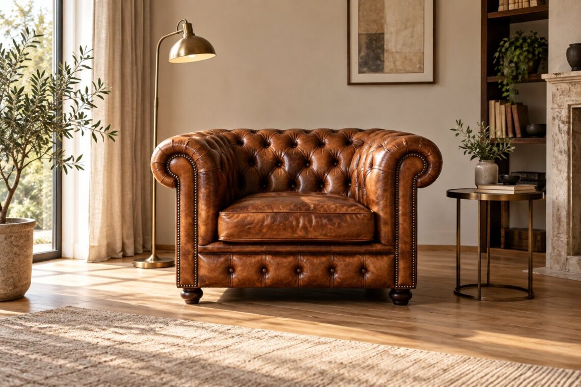 Poltrona Chesterfield in pelle cognac in un angolo lettura luminoso