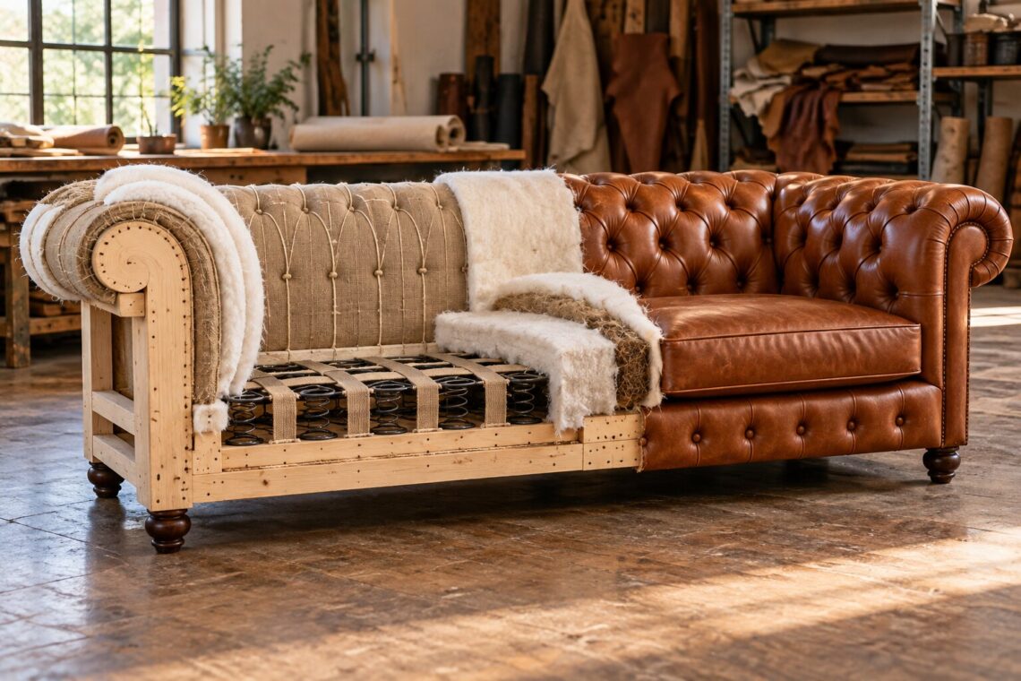 Struttura e imbottitura di un divano Chesterfield in lavorazione