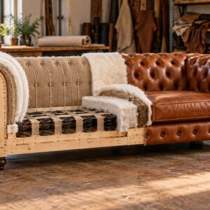 Struttura e imbottitura di un divano Chesterfield in lavorazione